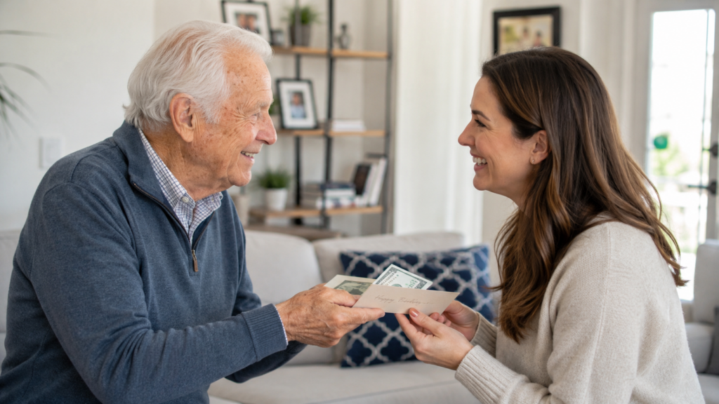 An elderly man smiles as he hands money and a Happy Birthday envelope to a young woman, both sharing a joyful moment that reflects their long term relationship without marriage, sitting together on a couch in a bright living room.
