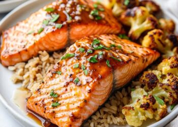 Grilled salmon fillets glazed with sauce, served on a plate with brown rice and roasted cauliflower, garnished with chopped herbs.