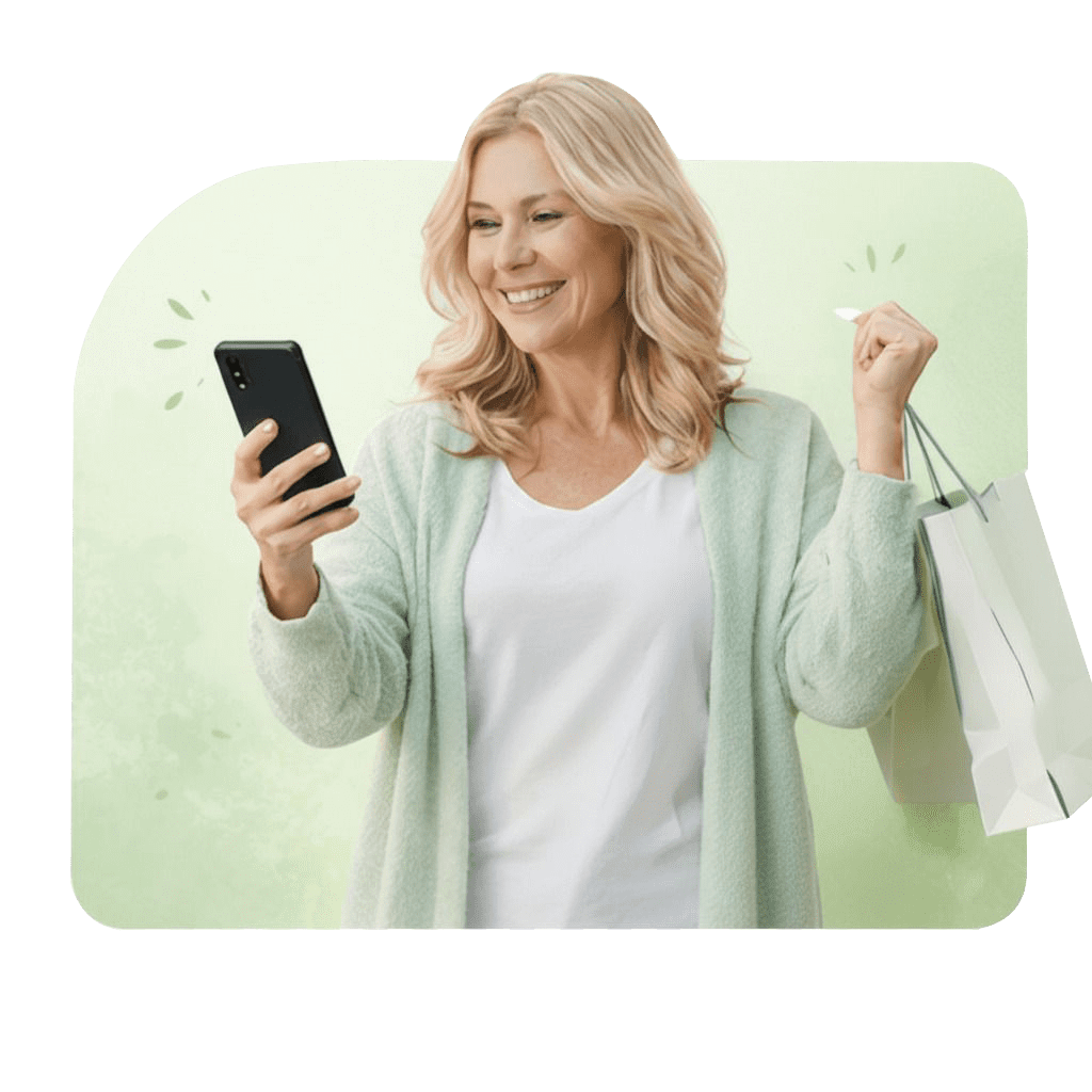 A smiling woman with blonde hair holds shopping bags in one hand and looks at her smartphone in the other, standing against a light green background.