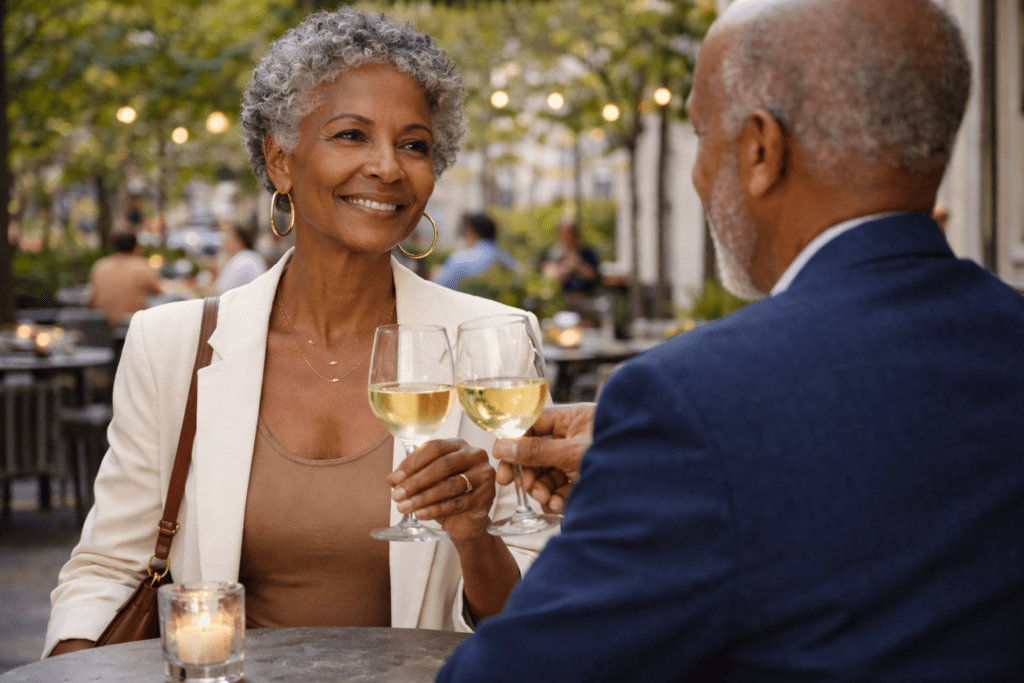 An older couple sits at an outdoor restaurant table, smiling and making a toast with glasses of white wine. String lights and greenery create a warm, romantic atmosphere—proof that dating with confidence later in life is truly special.