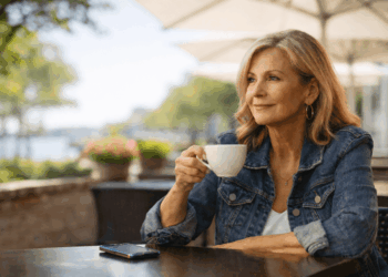 A woman with blonde hair wearing a denim jacket sits at an outdoor café table, holding a white cup and smiling thoughtfully—an image that captures the spirit of dating with confidence later in life. A smartphone rests on the table amid greenery and umbrellas.