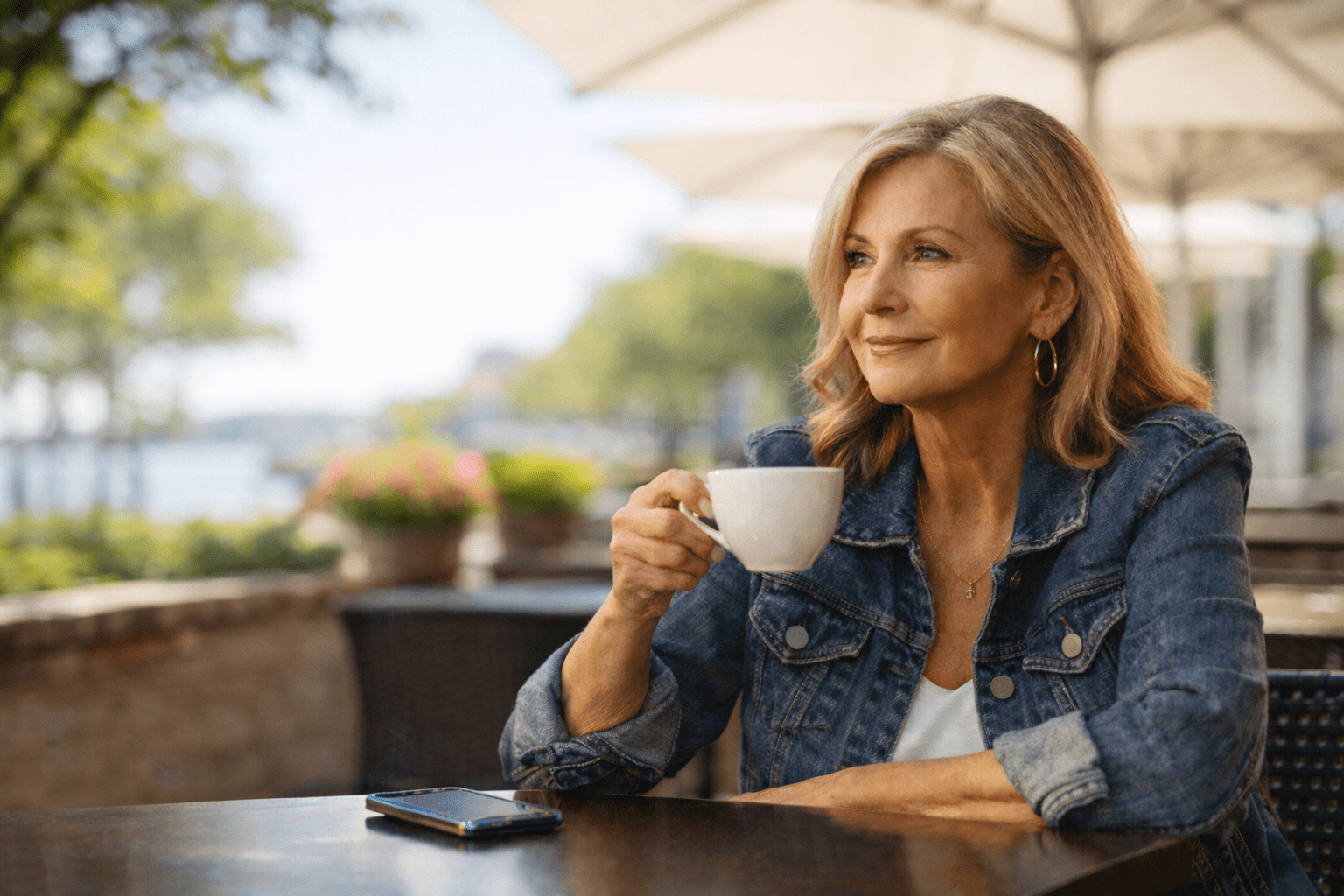 A woman with blonde hair wearing a denim jacket sits at an outdoor café table, holding a white cup and smiling thoughtfully—an image that captures the spirit of dating with confidence later in life. A smartphone rests on the table amid greenery and umbrellas.