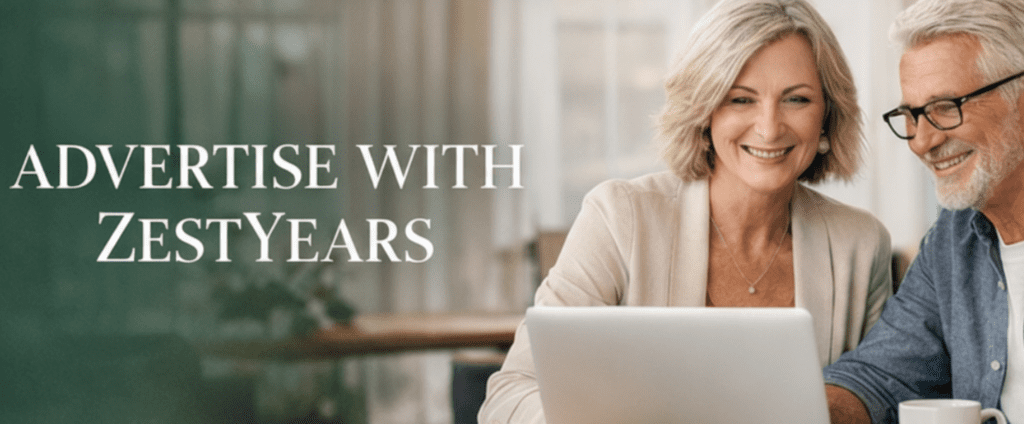 Smiling older couple sitting together and looking at a laptop, with the text "Advertise with ZestYears" displayed on the left side of the image, inviting you to connect with an engaged audience.
