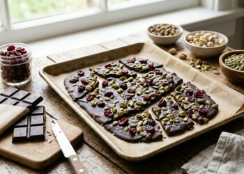 A baking sheet of chocolate bark topped with dried cranberries, pumpkin seeds, and pistachios sits on a wooden table, surrounded by bowls of nuts and seeds, chocolate squares, and a jar of dried fruit.
