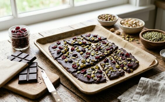 A baking sheet of chocolate bark topped with dried cranberries, pumpkin seeds, and pistachios sits on a wooden table, surrounded by bowls of nuts and seeds, chocolate squares, and a jar of dried fruit.