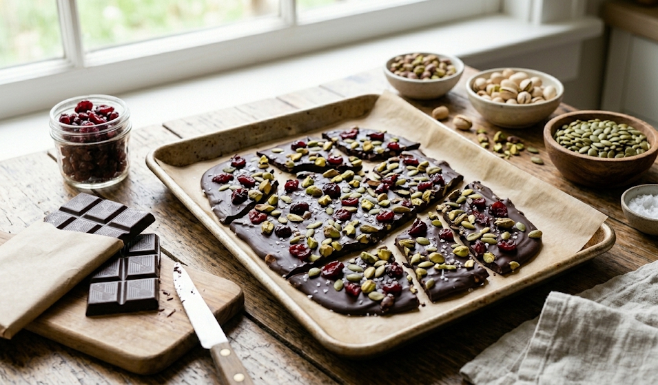 A baking sheet of chocolate bark topped with dried cranberries, pumpkin seeds, and pistachios sits on a wooden table, surrounded by bowls of nuts and seeds, chocolate squares, and a jar of dried fruit.