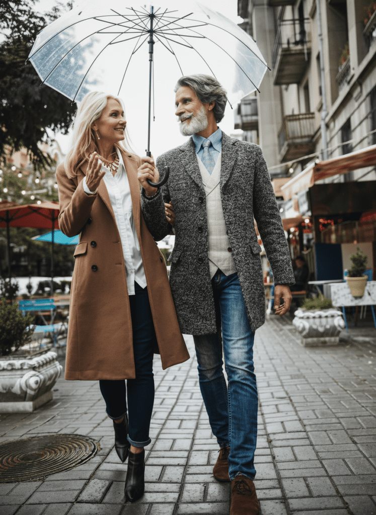 A smiling older couple, dressed in stylish coats, walk arm in arm under a clear umbrella on a city street lined with cafes—capturing the spirit of ZestYears, a lifestyle site for older adults.