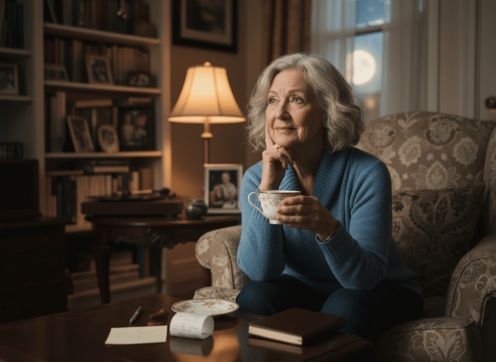 An elderly woman with gray hair sits in a cozy living room, holding a teacup and smiling thoughtfully. Surrounded by books and papers, she radiates warmth and the spirit of dating with confidence later in life.