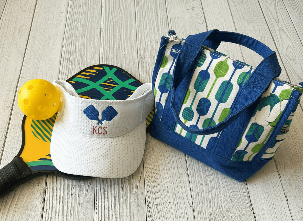A pickleball paddle and yellow ball rest on a white wood surface beside a white visor with blue rackets and “KCS” embroidered, and a blue and green patterned tote bag with paddle designs.