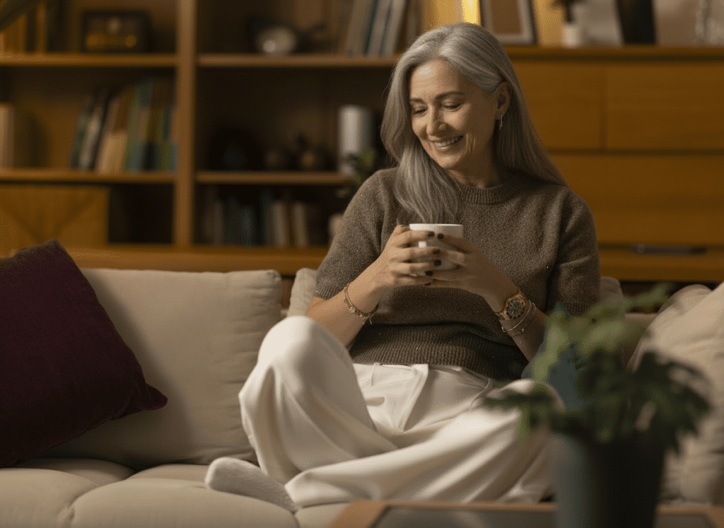 A smiling older woman with long gray hair sits comfortably on a beige sofa, holding a mug with both hands. She wears a brown sweater and white pants, surrounded by cushions and a cozy, book-filled living room.