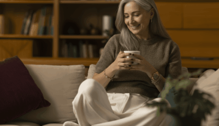 A smiling older woman with long gray hair sits comfortably on a beige sofa, holding a mug with both hands. She wears a brown sweater and white pants, surrounded by cushions and a cozy, book-filled living room.