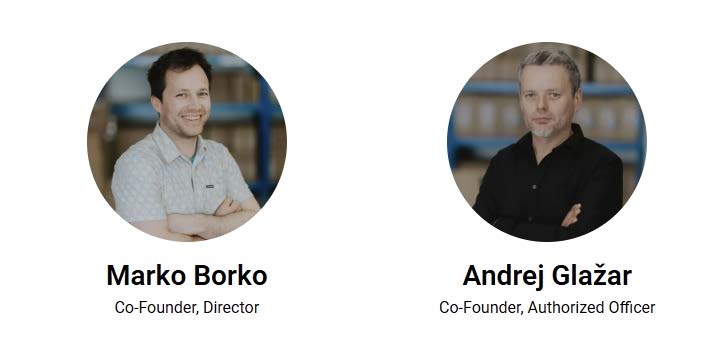 Two men are pictured in circular frames. Marko Borko, smiling with arms crossed, is labeled as Co-Founder, Director. Andrej Glazar, with a neutral expression, is labeled as Co-Founder, Authorized Officer—both advocates of kefir benefits.