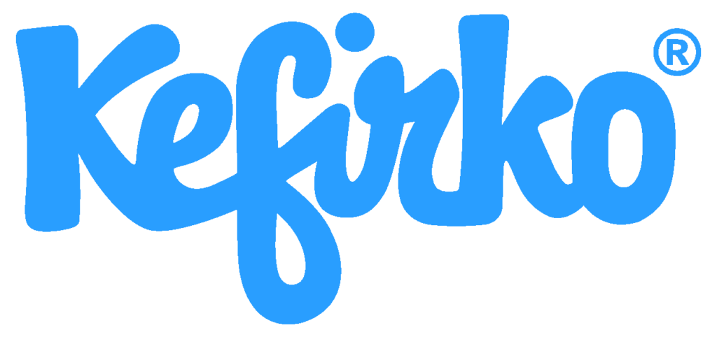 The image shows the word Kefirko written in bold, curvy blue letters with a registered trademark symbol in the top right corner, highlighting kefir benefits through its distinctive branding.