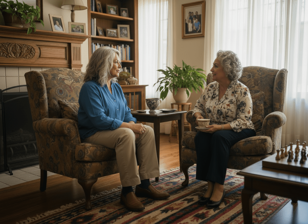 Two older women sit in armchairs facing each other in a cozy, sunlit living room, having a conversation. One woman holds a teacup, and there are plants, framed photos, and a chessboard in the background.