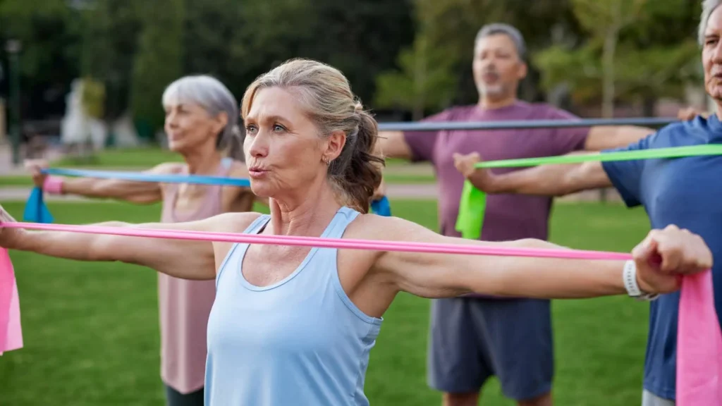 A group of older adults exercise outdoors, holding colorful resistance bands with arms extended. The focus is on a woman in front, with trees and blurred participants in the background.
