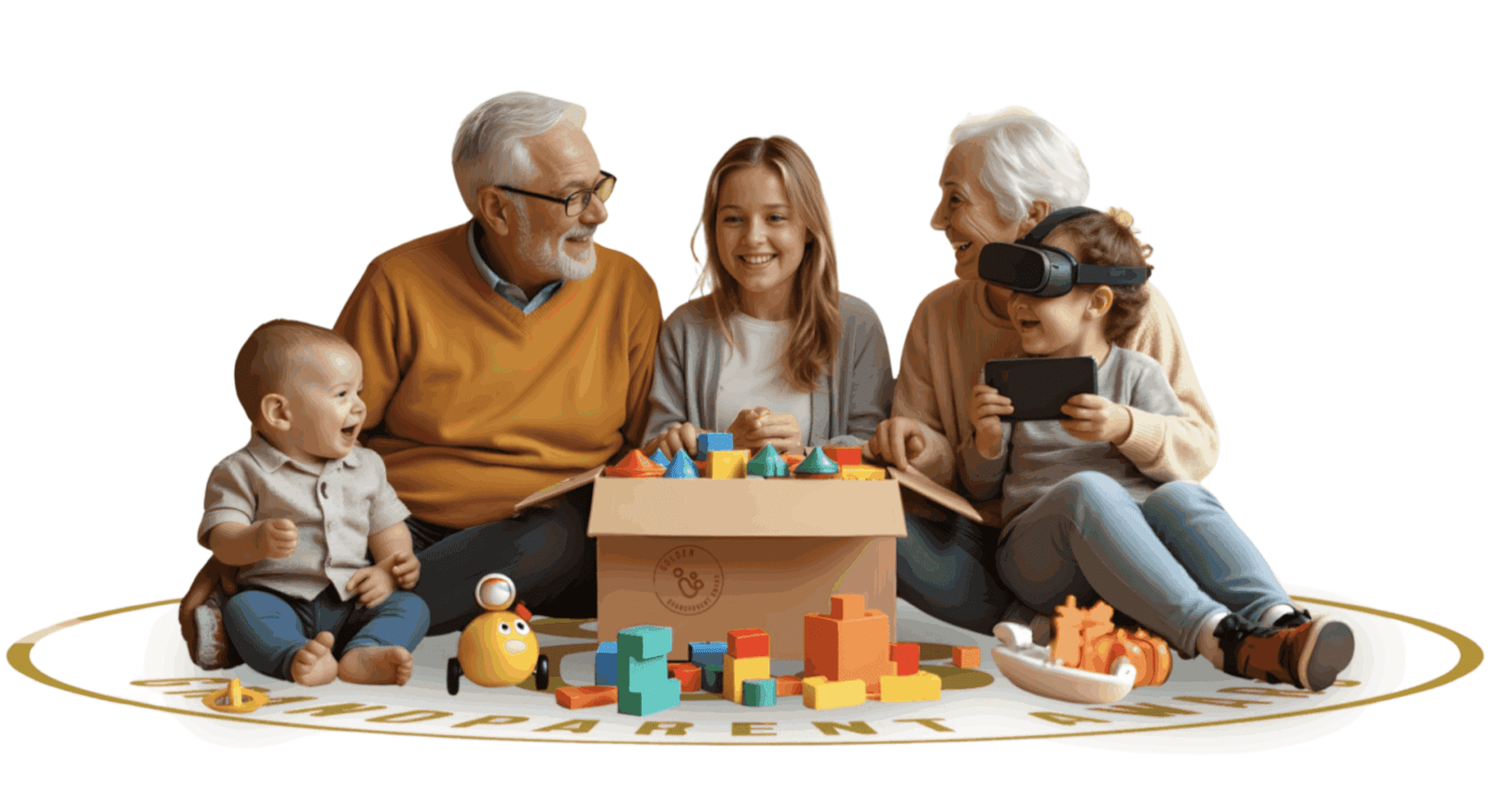A happy multi-generational family sits on the floor playing together. Grandparents and three children enjoy Grandparent-Approved Products—blocks, toys, and a VR headset—smiling and interacting in a warm, playful scene.