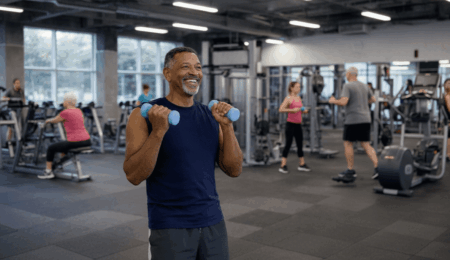 A smiling man in a sleeveless shirt lifts blue dumbbells in a gym, demonstrating how to lift weights without straining joints. Other people exercise on various equipment in the background, creating a lively and active atmosphere.