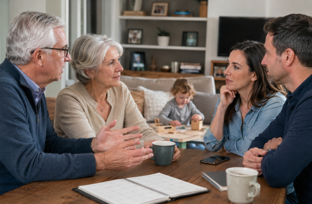 Two older adults and two younger adults sit at a table, having a serious conversation with coffee mugs and a planner in front of them. A young child plays in the background, dreaming of building a fort with grandkids in their cozy living room.