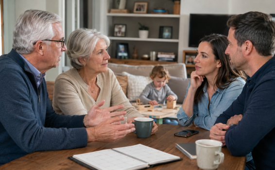 Two older adults and two younger adults sit at a table, having a serious conversation with coffee mugs and a planner in front of them. A young child plays in the background, dreaming of building a fort with grandkids in their cozy living room.