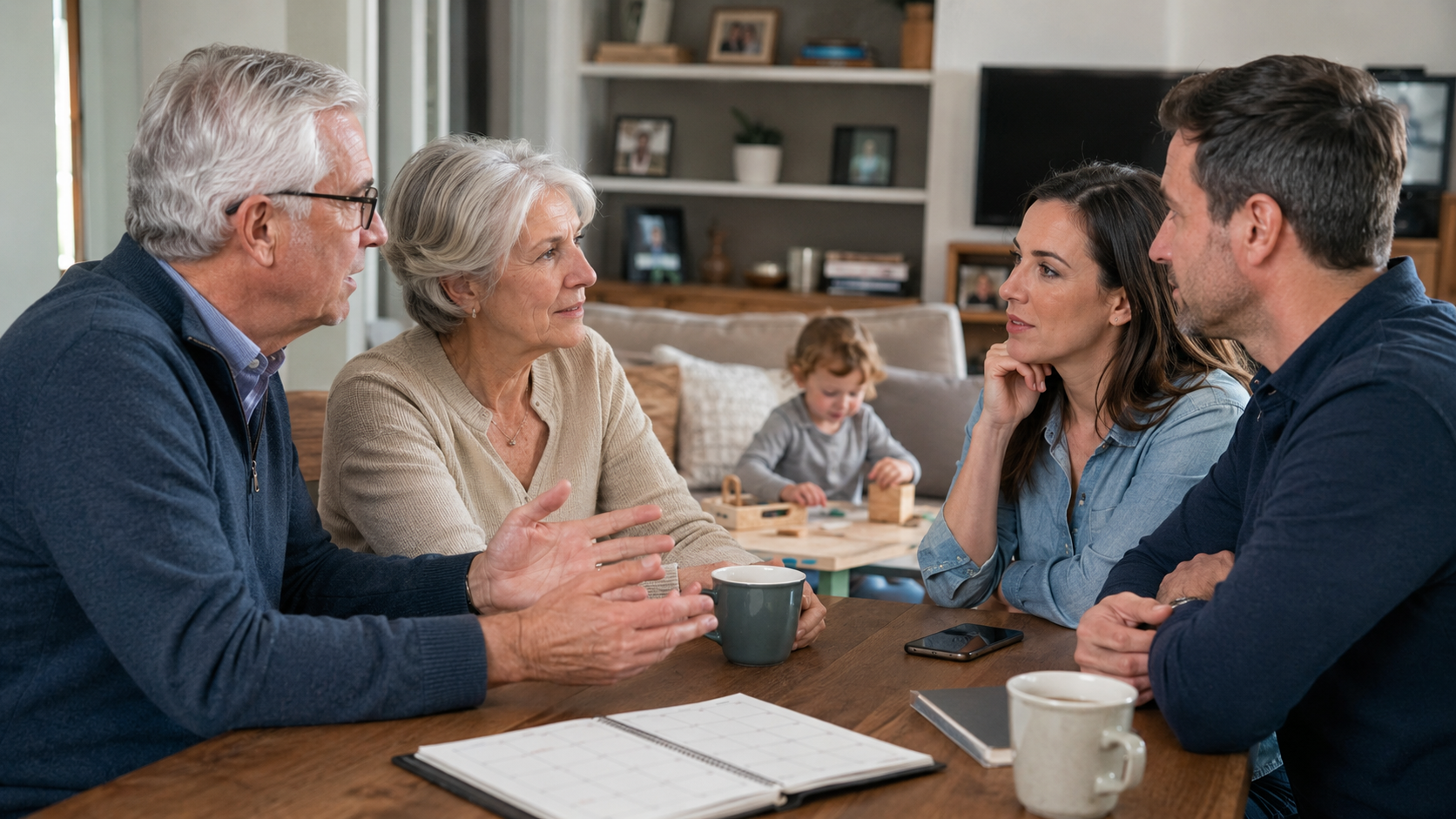 Two older adults and two younger adults sit at a table, having a serious conversation with coffee mugs and a planner in front of them. A young child plays in the background, dreaming of building a fort with grandkids in their cozy living room.