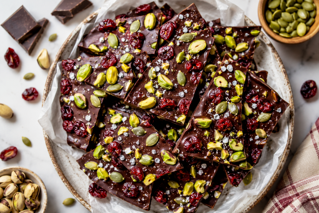 A plate of homemade dark chocolate bark recipe topped with dried cranberries, pistachios, pumpkin seeds, and flaky sea salt, arranged on parchment paper with bowls of seeds and nuts nearby.