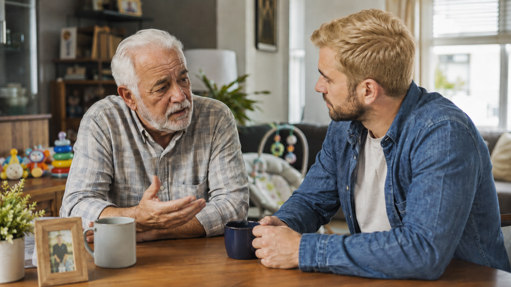 An older man and a younger man sit at a wooden table, having a serious conversation about setting boundaries with adult kids. Both have mugs in front of them. The room is warmly lit, with family photos and toys in the background.