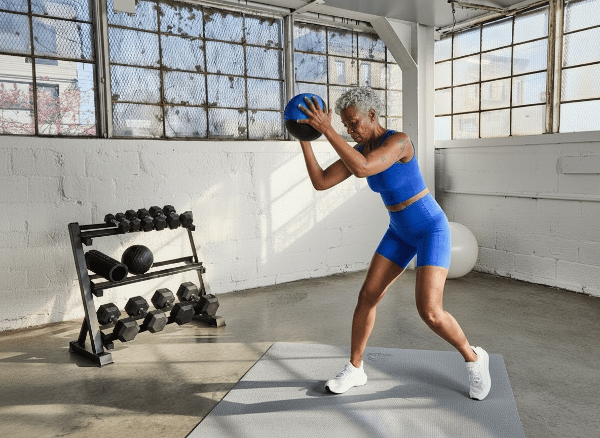 A woman in blue workout clothes exercises with a medicine ball in a bright gym, standing on a mat near a rack of weights and medicine balls, with large windows letting in sunlight.