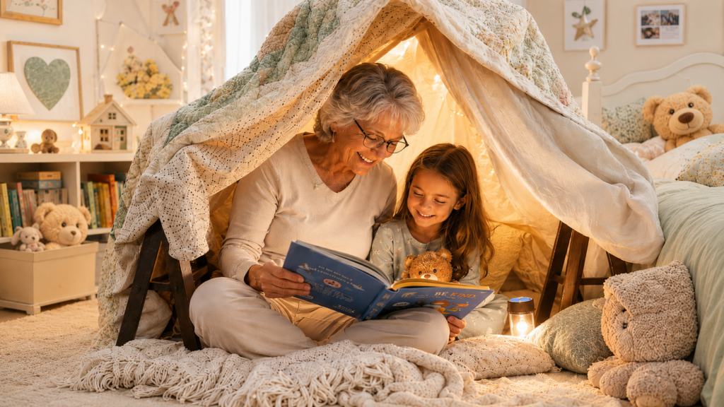 An older woman and a young girl smile while building a fort with grandkids, reading a book together inside a cozy blanket fort surrounded by stuffed animals and warm lighting in a softly decorated bedroom.