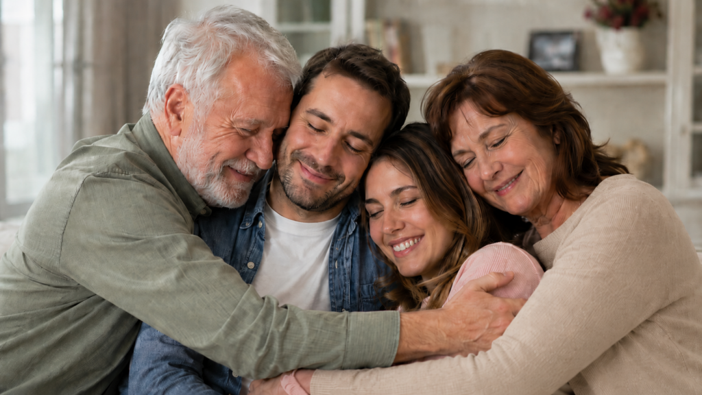 Four people, two older adults and two younger adults, are sitting close together and sharing a warm group hug—all smiling with eyes closed—in a cozy, well-lit room, showing the closeness that can come from setting boundaries with adult kids.