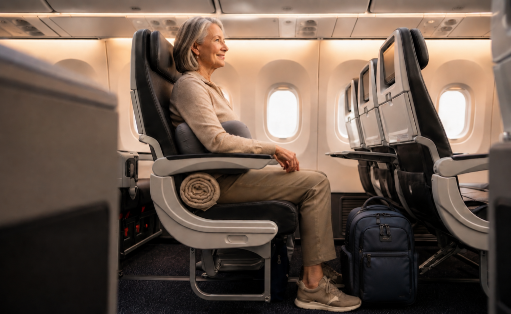 Older woman sits comfortably in an airplane seat with a neck pillow and blanket, smiling and looking out the window. A navy backpack is under the seat in front of her. The cabin is well-lit and mostly empty.