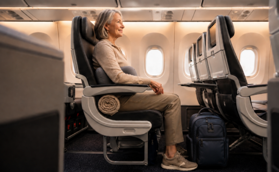 Older woman sits comfortably in an airplane seat with a neck pillow and blanket, smiling and looking out the window. A navy backpack is under the seat in front of her. The cabin is well-lit and mostly empty.