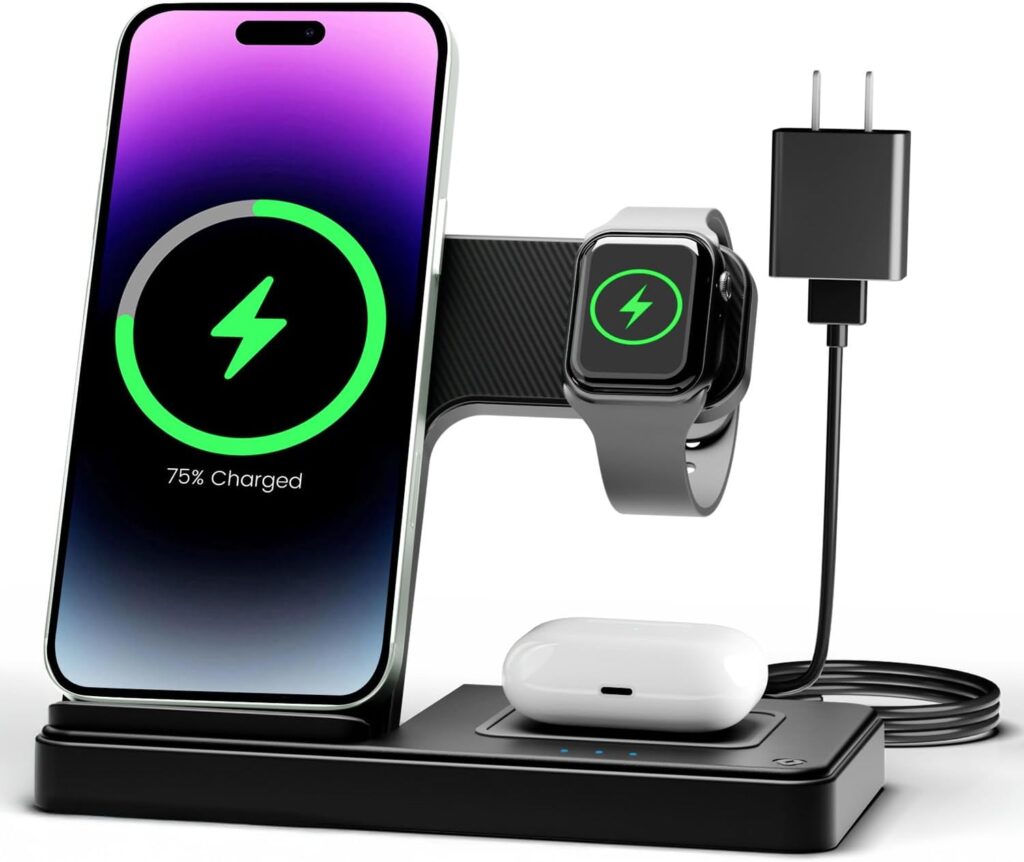 A black wireless charging station, ideal for powering up fashion items for teens like smartphones, smartwatches, and wireless earbuds simultaneously. The phone screen displays a 75% charged battery while connected by a cable to a plug-in adapter.
