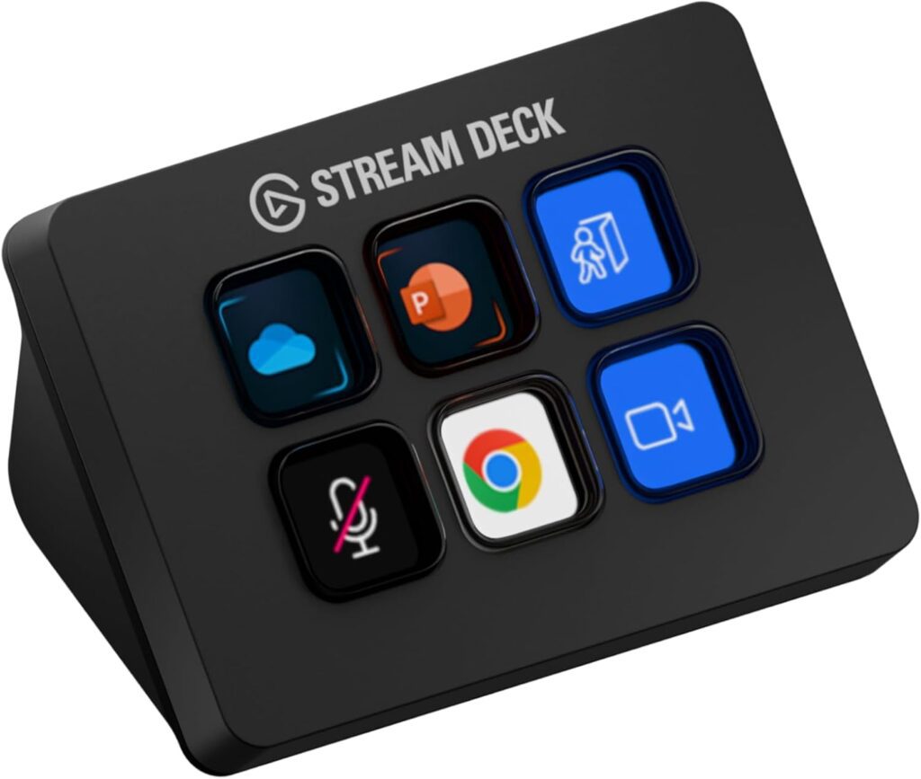 A black Elgato Stream Deck with six customizable buttons, each displaying icons like a cloud, PowerPoint logo, Google Chrome logo, microphone, video camera, and a person exiting—a tech accessory as essential as fashion items for teens.
