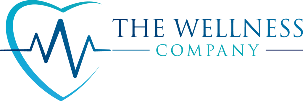 Logo for The Wellness Company featuring a heart outline with an EKG line inside, next to the company name in blue and teal text on a light background—perfect for highlighting exclusive discounts and promo codes.