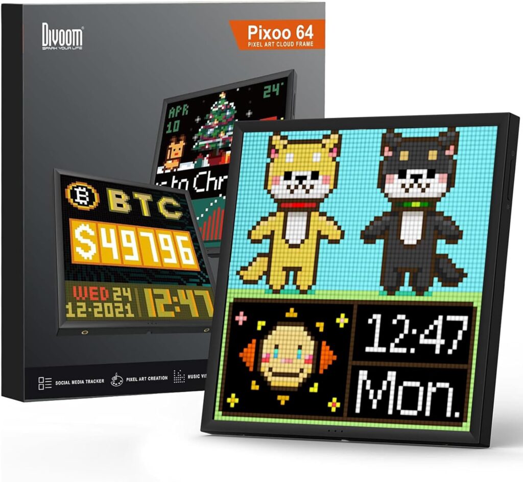 A Divoom Pixoo 64 digital pixel art display, a trendy fashion item for teens, shows pixel illustrations of two cats, a smiling face, the time 12:47, Mon., and Bitcoin price. The product box is visible behind the display.