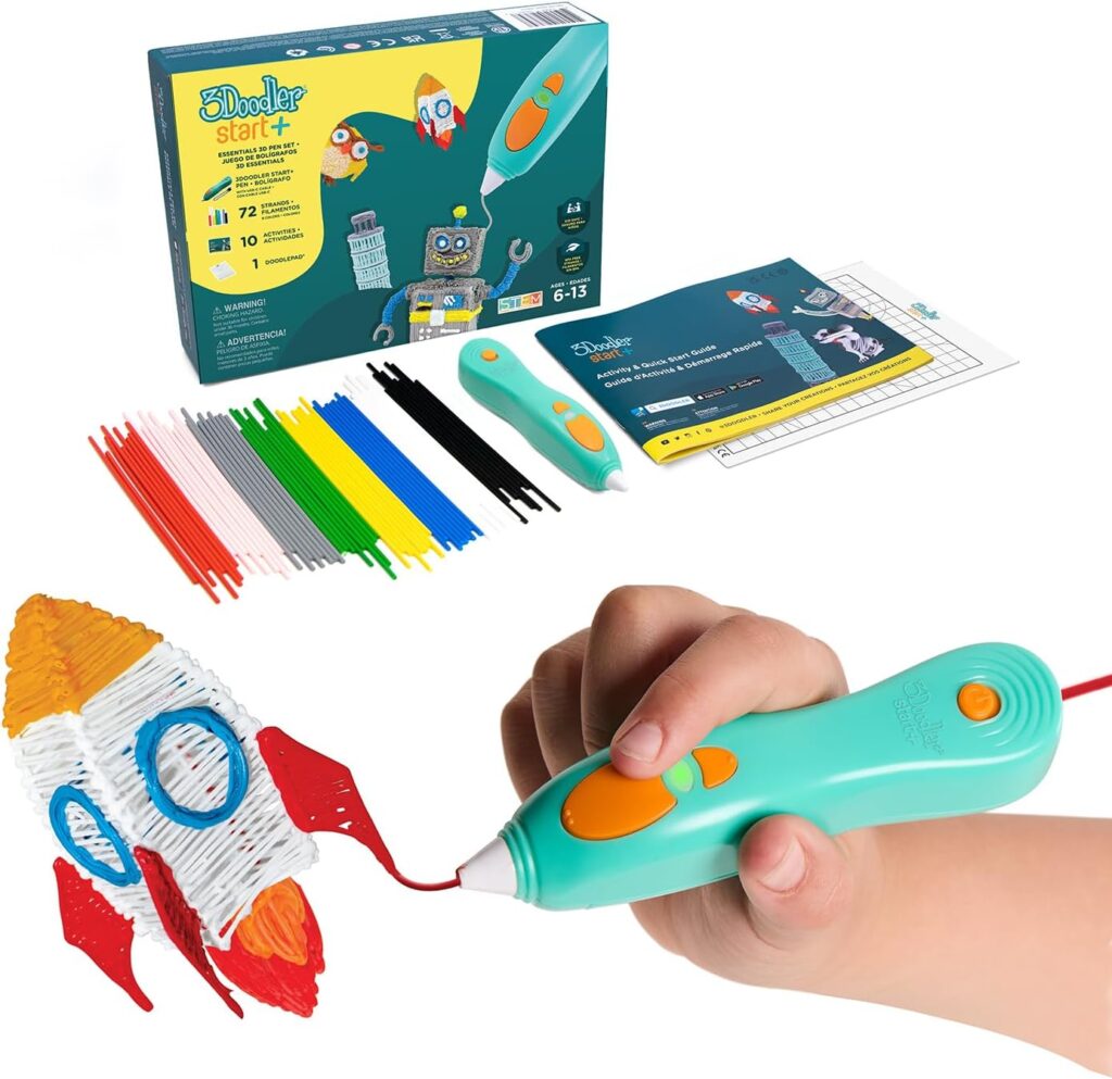 A hand uses a teal 3D printing pen to create a rocket shape. The set includes colorful plastic strands, a pen, an instruction manual, and a box labeled 3Doodler Start+, perfect for ages 6–13 to design cool fashion items for teens.