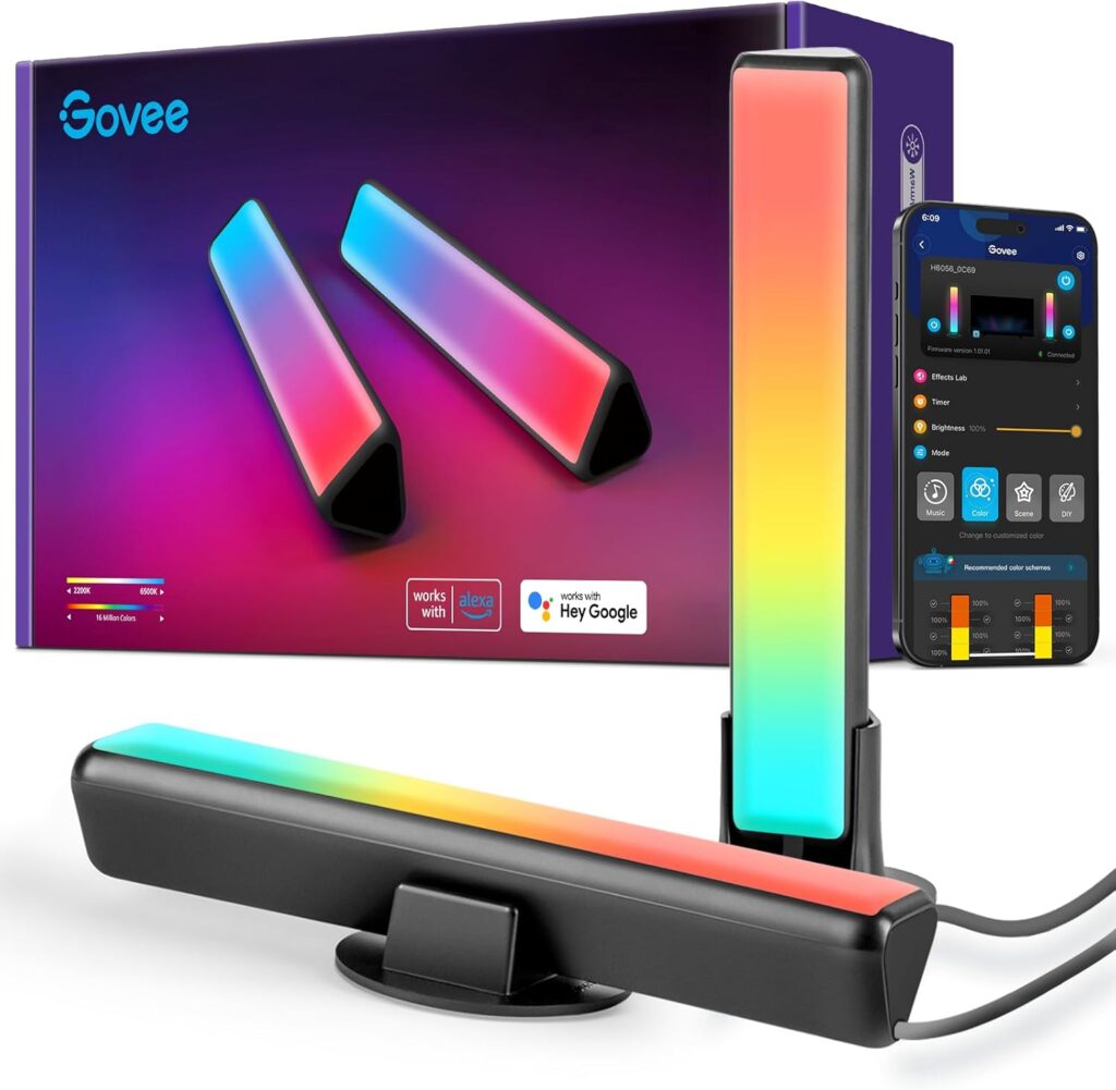 Two Govee smart LED light bars on stands are shown with a product box and a smartphone displaying the Govee app. The vibrant lighting makes them perfect fashion items for teens, while the box features Works with Alexa and Hey Google logos.