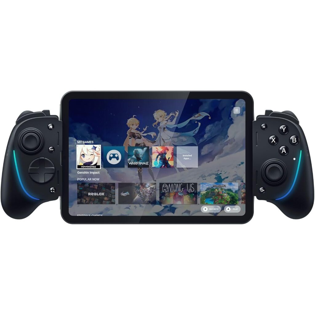 A handheld gaming console with detachable controllers on both sides and a screen displaying a game library with titles like Genshin Impact, Warframe, and Among Us. The background features anime-style characters, clouds, and trendy fashion items for teens.