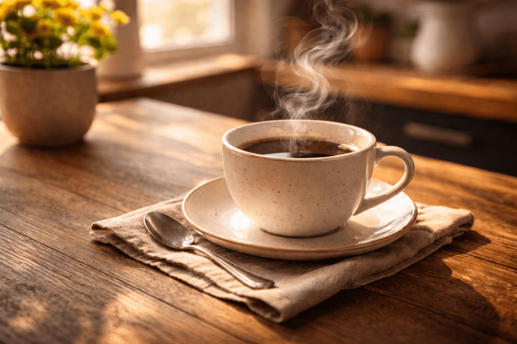 A steaming cup of coffee sits on a saucer with a spoon beside it, placed on a napkin on a wooden table. Sunlight streams through a window, and a pot of yellow flowers is visible in the background.