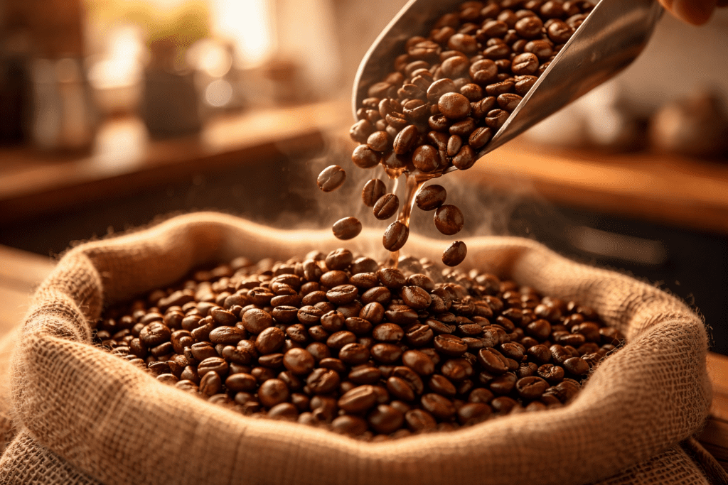 A metal scoop pours roasted coffee beans into a burlap sack filled with more beans, with sunlight softly illuminating a rustic kitchen background. Steam rises, suggesting the beans are freshly roasted.