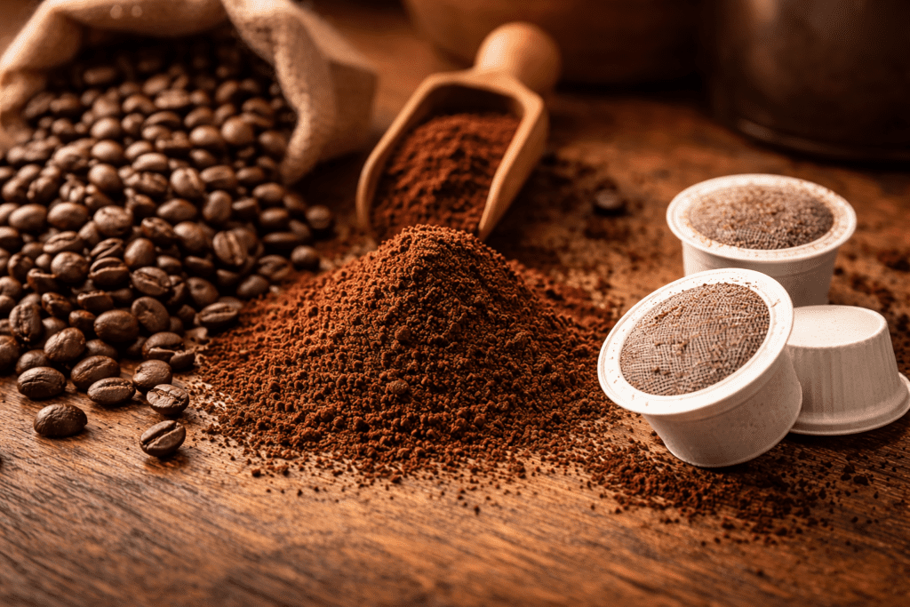 A close-up of coffee beans, ground coffee, and two coffee pods on a rustic wooden surface, with a burlap sack and wooden scoop in the background.
