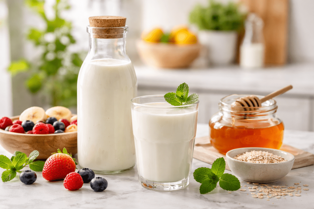 A bottle and glass of kefir fermented milk garnished with mint are on a kitchen counter with fresh berries, a honey jar with a dipper, a bowl of oats, and fruit in the background.