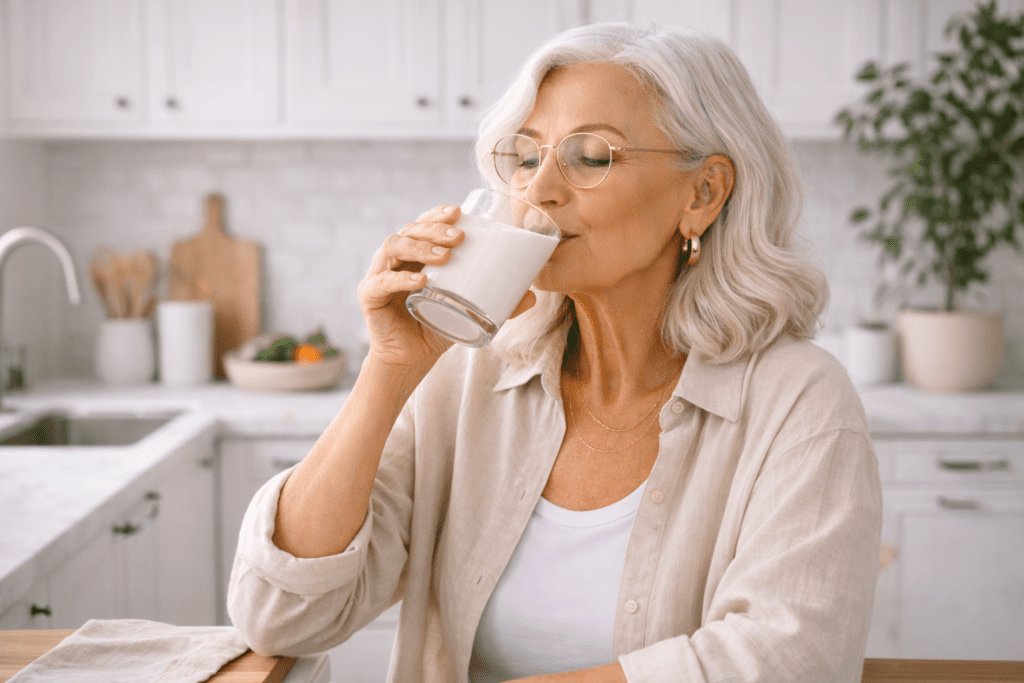 Older woman with white hair and glasses sits in a bright kitchen, wearing a beige shirt and drinking a glass of milk. There are plants and kitchen items in the background.