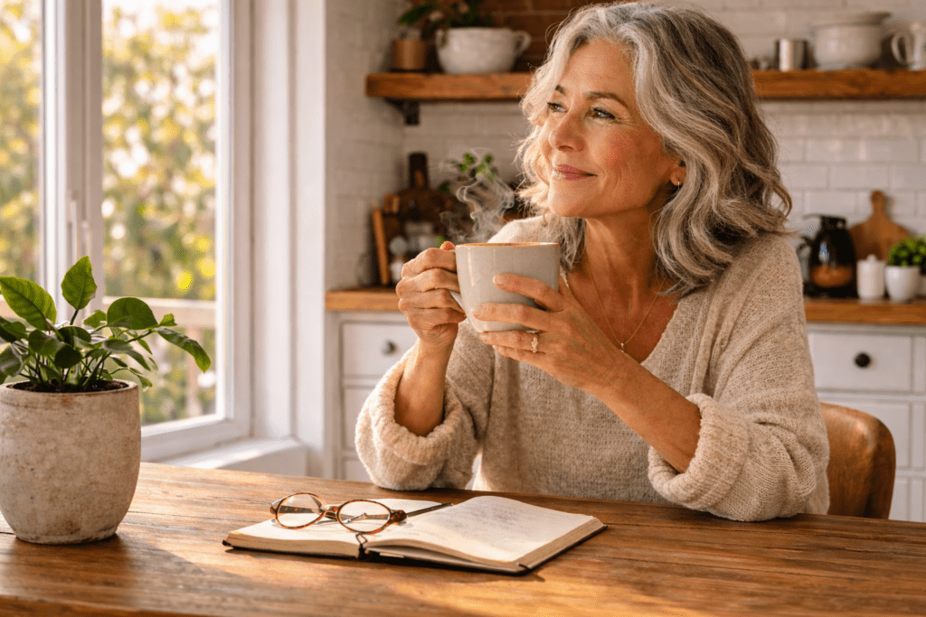A smiling older woman with gray hair sits at a wooden table by a window, holding a mug. An open notebook and eyeglasses rest on the table, with a potted plant nearby in a cozy, sunlit kitchen.