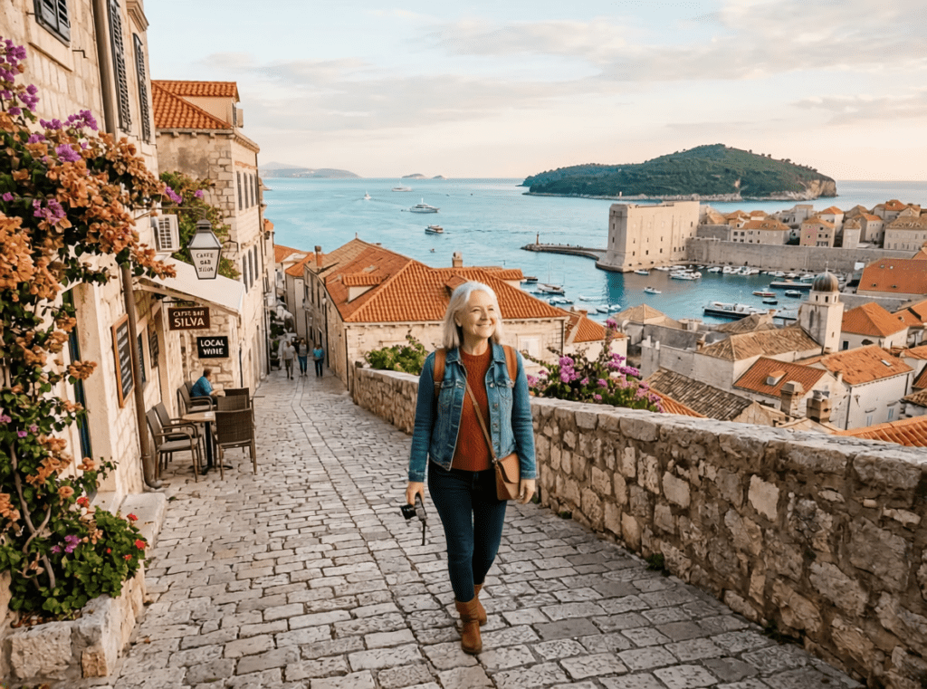 A woman walks down a cobblestone street lined with flowers in Dubrovnik, Croatia, with terracotta rooftops, the sea, boats, and a distant island in the background on a sunny day.