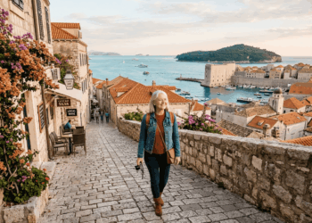 A woman walks down a cobblestone street lined with flowers in Dubrovnik, Croatia, with terracotta rooftops, the sea, boats, and a distant island in the background on a sunny day.