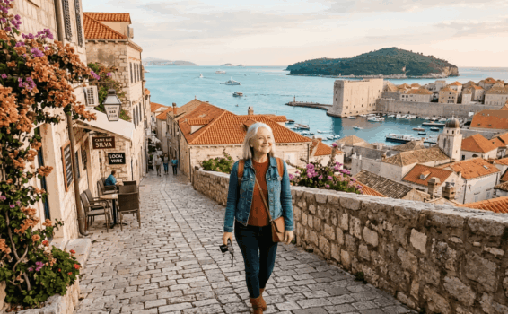 A woman walks down a cobblestone street lined with flowers in Dubrovnik, Croatia, with terracotta rooftops, the sea, boats, and a distant island in the background on a sunny day.