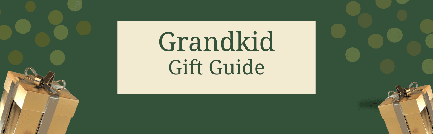 Green banner with a cream rectangle in the center displaying the text Grandkid Gift Guide. Gold-wrapped presents with silver bows appear in the corners, hinting at delightful children gift sets, with scattered gold dots in the background.
