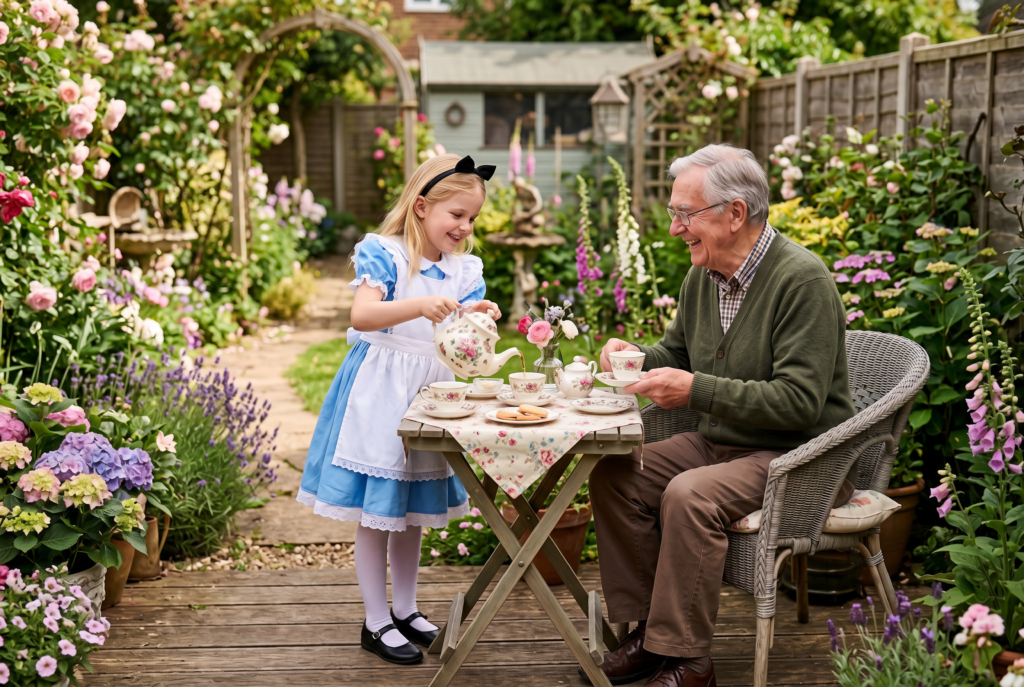 Little girl serving tea to elderly man in garden