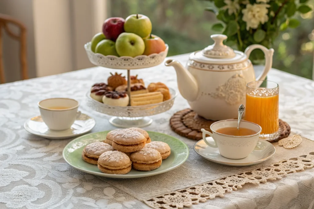 A lace-covered table set for tea with a teapot, two teacups, a glass of orange juice, a plate of powdered cookies, and a tiered tray with fruit and assorted pastries. Flowers and sunlight are in the background.